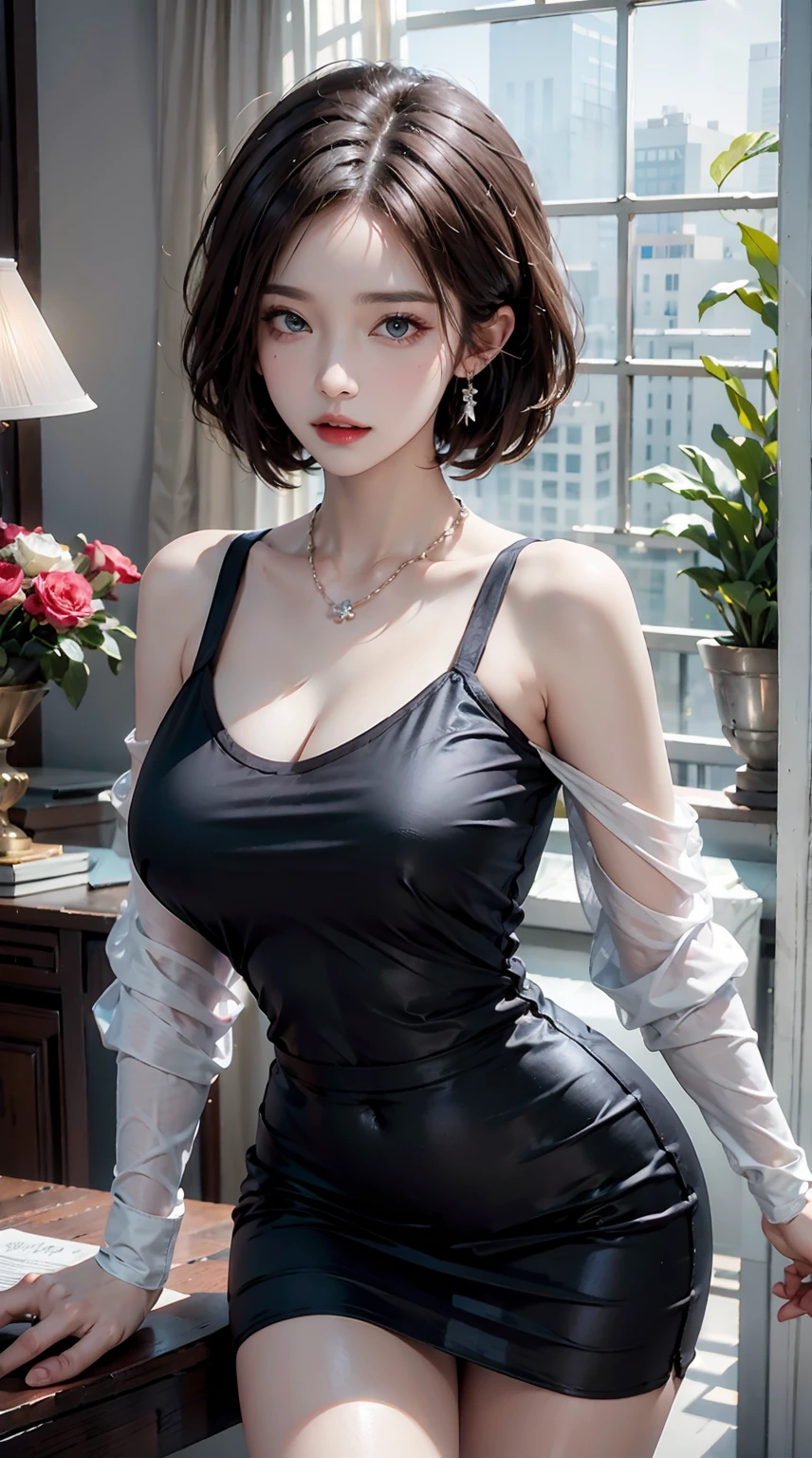 One girl, alone, chest, jewelry, skirt, necklace, shirt, View your viewers, indoor, 長いchestの谷間, short hair, Bare shoulders, Off the shoulder, black shirt, Are standing, off-shoulder shirt, Long sleeve, blue eyes, Realistic, flower, lamp, Black Hair, pencil skirt, bangs, miniskirt, table, sagging chest, lips, clavicle, flower瓶, white skirt, Brown Hair, Earrings, Side slits, Bobcut, white flower, huge chest, Mouth closed, High angle shot,