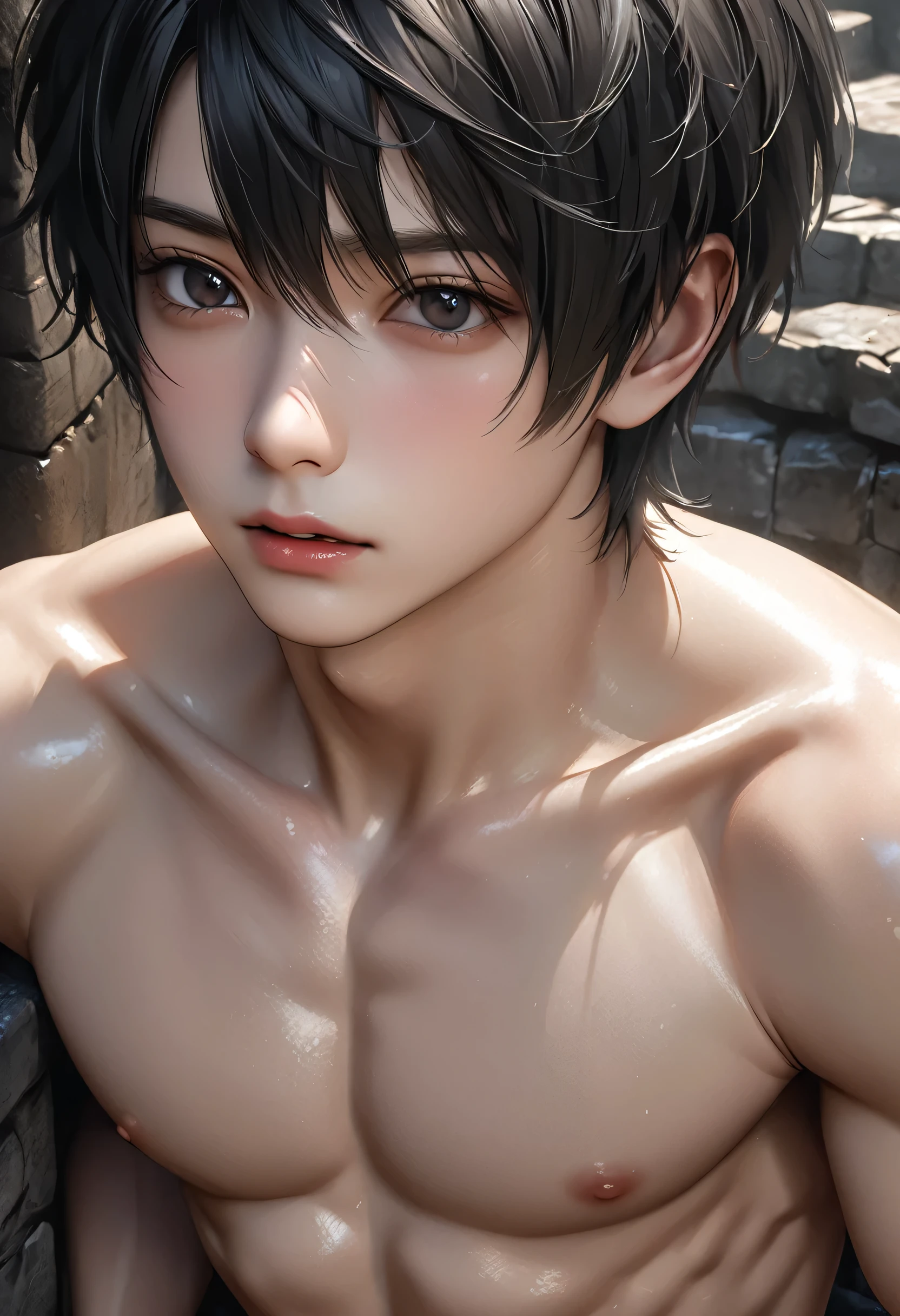 high quality, detailed, (22 years old japanese idol boy), (detailed black eyes), (black short hair),(shiny skin:1.3), black tiny thong, bulge,(detailed nipples), yard, dungeon, (best quality,4k,8k,highres,masterpiece:1.2), face close up,(realistic,photorealistic,photo-realistic:1.37),