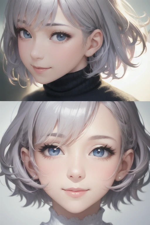 girl,Character design sheet,Beautiful attention to detail,Beautiful lip detail,Highly detailed eyes and face,Long eyelashes,Realistic,photoRealistic:1.37,Super detailed,Professional,Vibrant colors,Portraiture,Studio Lighting,Sharp focus,Physically Based Rendering,High resolution,超High resolution. blue eyes,short hair,Fluffy hair,Hair blowing in the wind、Silver Hair,Lowering the eyes,White Shirt,Wink,Smile,