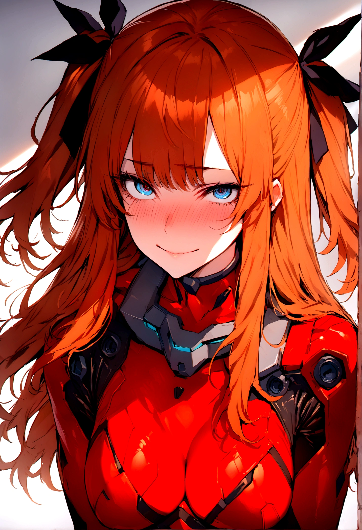(masterpiece), best quality, expressive eyes, perfect face, 1girl, solo, blue eyes, dark orange Hair, Loose hair, hair ribbon, long hair, black ribbon, sidelocks, bangs two side up, smile, red skin-tight battle suit, slim figure, looking at viewer