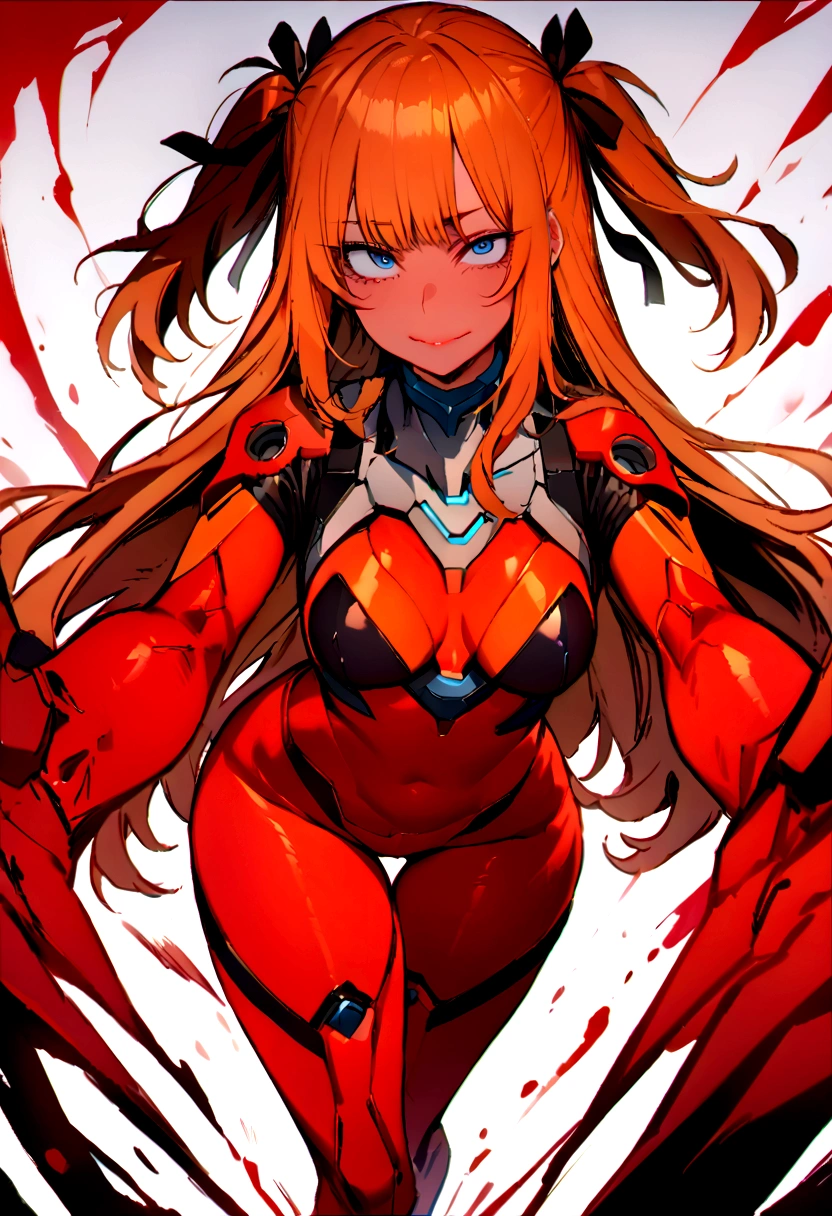 (masterpiece), best quality, expressive eyes, perfect face, 1girl, solo, blue eyes, dark orange Hair, Loose hair, hair ribbon, long hair, black ribbon, sidelocks, bangs two side up, smile, red skin-tight battle suit, slim figure, looking at viewer