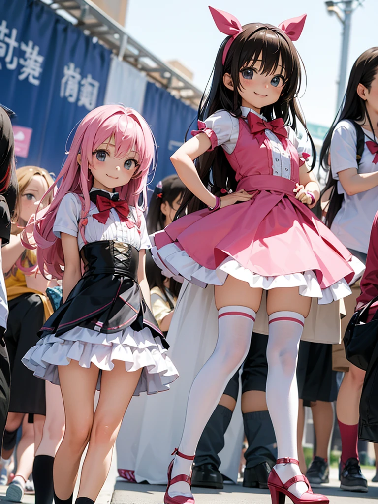 masterpiece, best quality, 2girls, 10yo, (petite),
 smile, standing, magical girl costumes, comiket_cosplay_Hiroba, comiket_cosplay, N4,