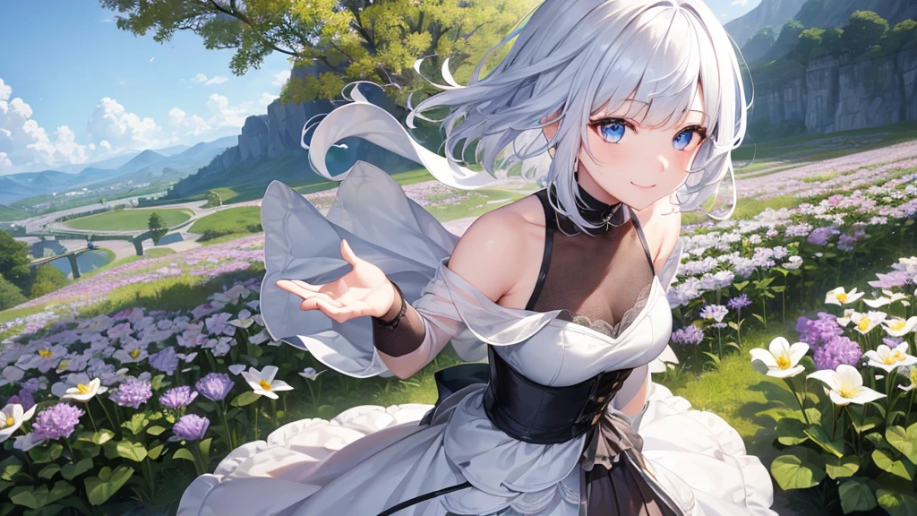 Ultra HD,Look at the viewers, Put your hands behind your back, With a girl, 20-year-old, 非常にShort Hair, Long bangs between the eyes, Pale blue eyes,  Very detailed,(masterpiece、Highest quality),Gray Hair、Laughter、Fantastic, Silver Hair, Iris,  Short hair、 Fluttering Hair、Small Face、明るいsmile、(Detailed face) ,Professional Lighting,Wonderful landscape,blue sky, sunlight,Looking down from above,Portraiture、Open your mouth、Flower Field、Her eyes were shining、Mysterious and enchanting atmosphere。With AI Painting、とてもShort Hair, Long bangs between the eyes, Very detailed,(masterpiece、Highest quality)、alone、Gray Hair、Fantasy, Silver Hair, Fantasyな風景、White shirt、smile、Open your mouth、short hair、Short Hair、hairpin、black eye、Grey Eyes、Beautiful Eyes、