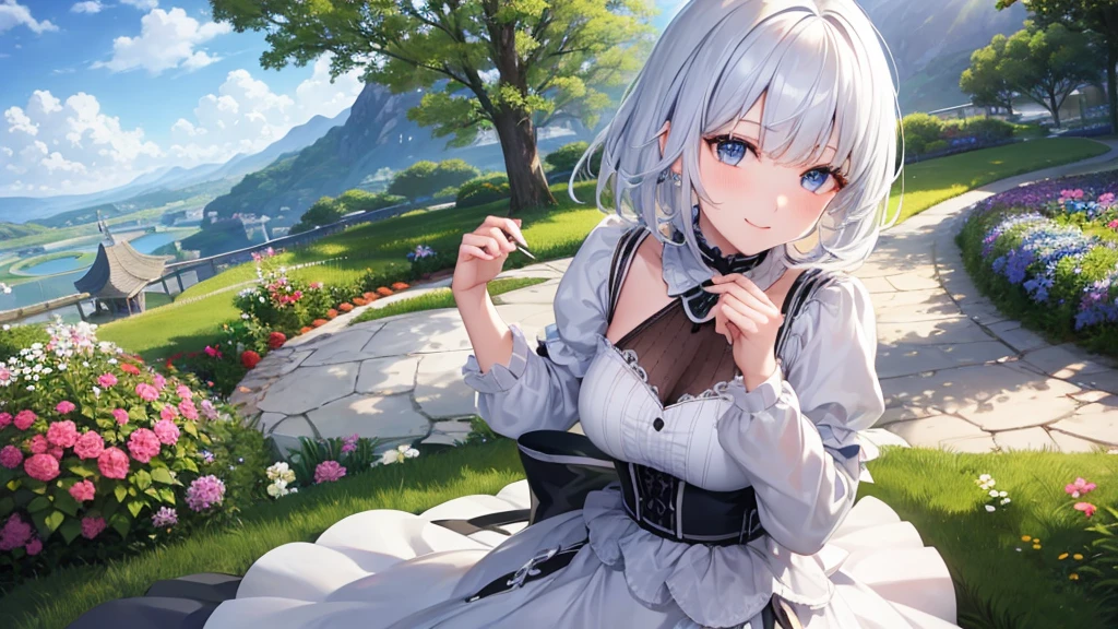 Ultra HD,Look at the viewers, Put your hands behind your back, With a girl, 20-year-old, 非常にShort Hair, Long bangs between the eyes, Pale blue eyes,  Very detailed,(masterpiece、Highest quality),Gray Hair、Laughter、Fantastic, Silver Hair, Iris,  Short hair、 Fluttering Hair、Small Face、明るいsmile、(Detailed face) ,Professional Lighting,Wonderful landscape,blue sky, sunlight,Looking down from above,Portraiture、Open your mouth、Flower Field、Her eyes were shining、Mysterious and enchanting atmosphere。With AI Painting、とてもShort Hair, Long bangs between the eyes, Very detailed,(masterpiece、Highest quality)、alone、Gray Hair、Fantasy, Silver Hair, Fantasyな風景、White shirt、smile、Open your mouth、short hair、Short Hair、hairpin、black eye、Grey Eyes、Beautiful Eyes、
