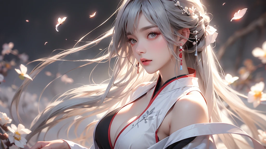 super high quality, masterpiece, Perfect illustration, Very detailed (Exquisite light and shadow, Very dramatic photo,Backlight) , ((Gray Hair:1.5))1 Girl,(( alone:1.6)), (Wearing Han clothes, Black and white Hanfu,Monotony,Long sleeve) Flower Field, Flowers, (White smoke:1.3) (Realistic:1.4), Zen Intertwining, Tangled, Official Art, unity 8k wallpaper, Very detailed, Beautiful and beautiful, masterpiece, Highest quality, (Dynamic Angle: 1.4), Glowing Skin, (Floating colorful flashes: 1) The most beautiful chaotic shapes, elegant, Brutalist Design, Bright colors, Romantic Depth of Field Exotic_dance, half_naked、Expose your shoulders、Ample breasts、Great cleavage、