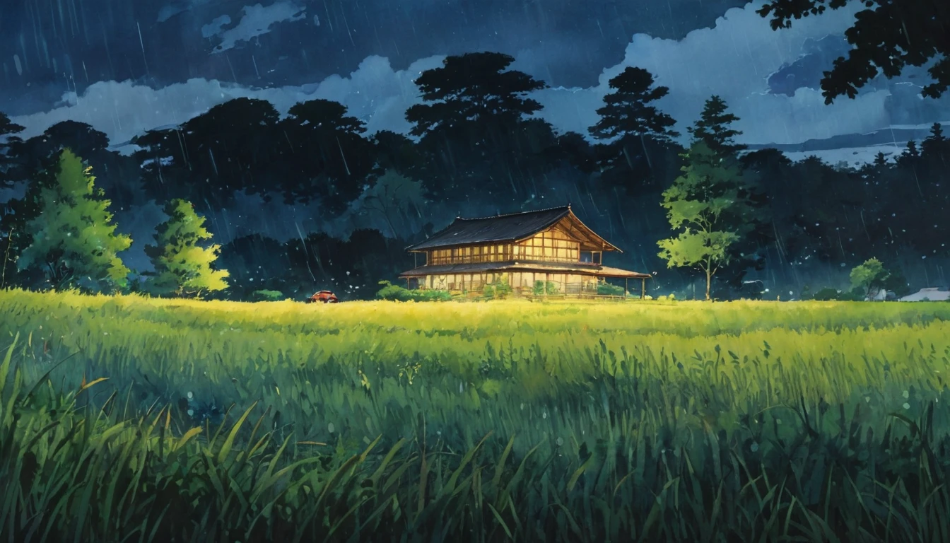 (watercolor landscape painting:1.4), In the grass at night, Public parking available, Under the Rain, With light, There is a building, With a lot of people, With the shadows of the forest, With the sunlight, In the style of Hayao Miyazaki, In the style of Cardon, Anammo, Highest quality, masterpiece, so beautiful, Perfect composition, Intricate details, Super detailed