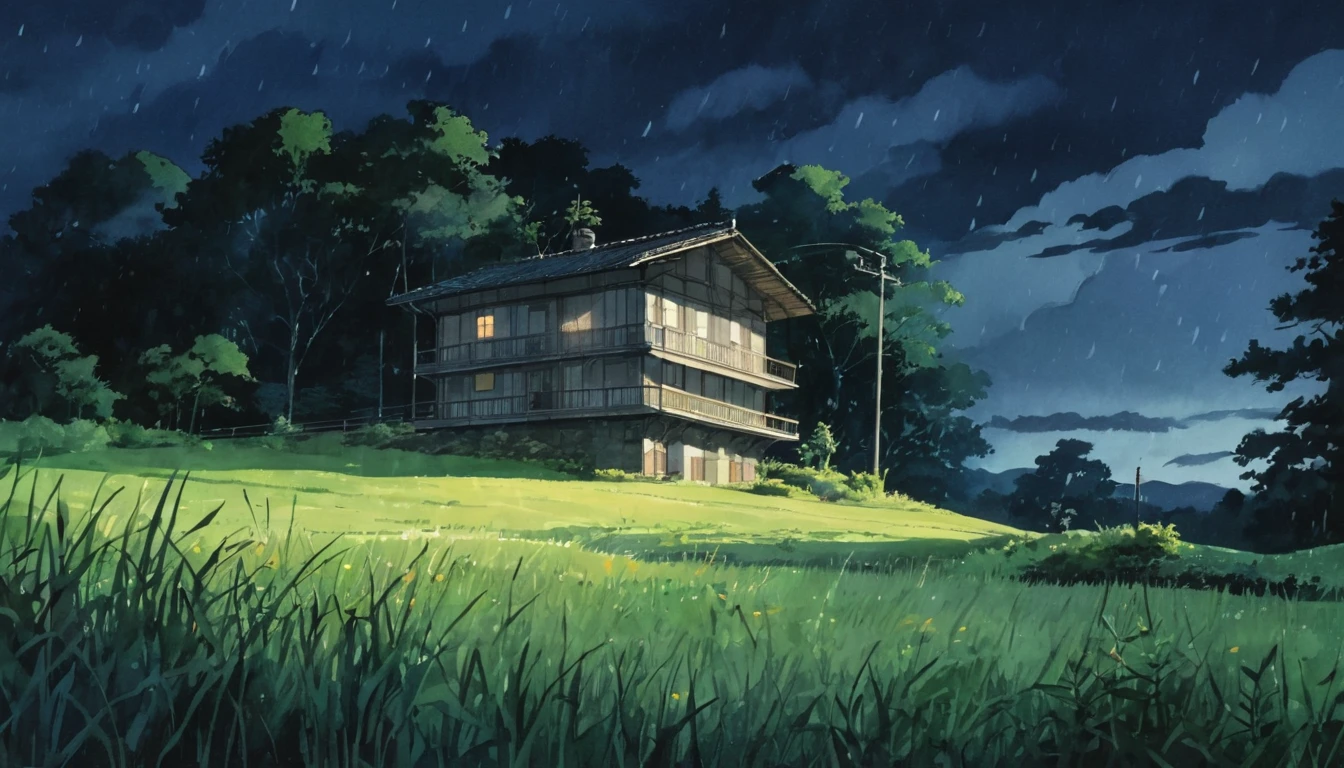 (watercolor landscape painting:1.4), In the grass at night, Public parking available, Under the Rain, With light, There is a building, With a lot of people, With the shadows of the forest, With the sunlight, In the style of Hayao Miyazaki, In the style of Cardon, Anammo, Highest quality, masterpiece, so beautiful, Perfect composition, Intricate details, Super detailed