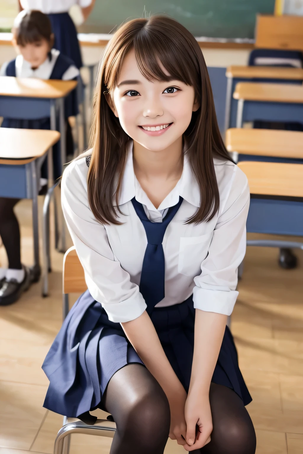 Highest quality、High school girl sitting on a chair、uniform、Knee-length skirt、tights、loafers、Full body photo、 Light brown hair、smile、Beautiful teeth alignment、、Intricate details, Very detailed:1.2), 、 Looking into the camera,The background is the classroom