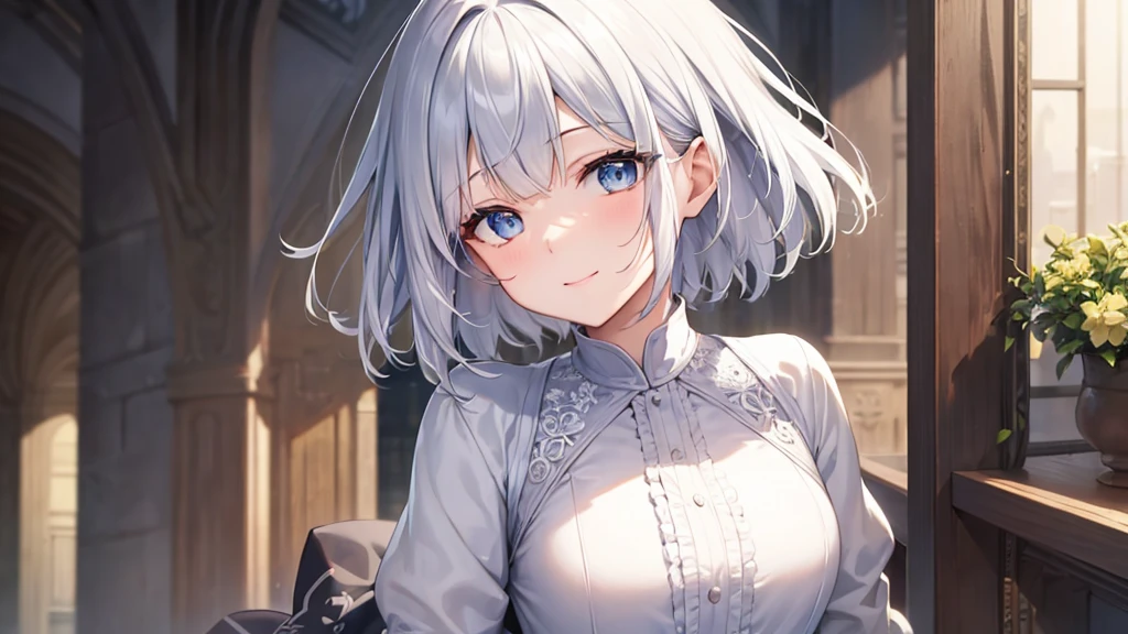 Ultra HD,Look at the viewers, Put your hands behind your back, With a girl, 20-year-old, 非常にShort Hair, Long bangs between the eyes, Pale blue eyes, Very detailed,(masterpiece、Highest quality),Gray Hair、Laughter、Fantastic, Silver Hair, Iris, Short hair、 Fluttering Hair、Small Face、明るいsmile、(Detailed face) ,Professional Lighting,Wonderful landscape,blue sky, sunlight,Looking down from above,Portraiture、Open your mouth、Flower Field、Her eyes were shining、Mysterious and enchanting atmosphere。With AI Painting、とてもShort Hair, Long bangs between the eyes, Very detailed,(masterpiece、Highest quality)、alone、Gray Hair、Fantasy, Silver Hair, Fantasyな風景、White shirt、smile、Open your mouth、short hair、Short Hair、hairpin、black eye、Grey Eyes、Beautiful Eyes、