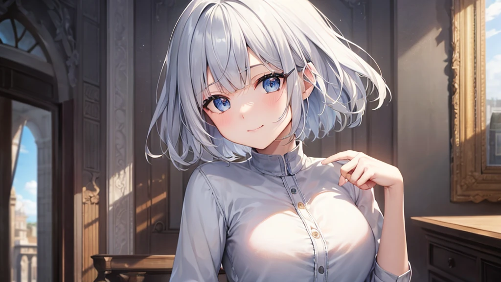 Ultra HD,Look at the viewers, Put your hands behind your back, With a girl, 20-year-old, 非常にShort Hair, Long bangs ween the eyes, Pale blue eyes,  Very detailed,(masterpiece、Highest quality),Gray Hair、Laughter、Fantastic, Silver Hair, Iris,  Short hair、 Fluttering Hair、Small Face、明るいsmile、(Detailed face) ,Professional Lighting,Wonderful landscape,blue sky, sunlight,Looking down from above,Portraiture、Open your mouth、Flower Field、Her eyes were shining、Mysterious and enchanting atmosphere。With AI Painting、とてもShort Hair, Long bangs betn the eyes, Very detailed,(masterpiece、Highest quality)、alone、Gray Hair、Fantasy, Silver Hair, Fantasyな風景、White shirt、smile、Open your mouth、short hair、Short Hair、hairpin、black eye、Grey Eyes、Beautiful Eyes、