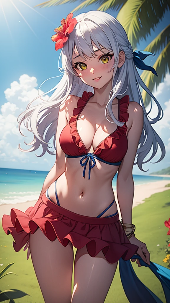 masterpiece, best quality, 1 solo girl, silver hair, yellow eyes, long hair, medium breasts, sexy body and face, wavy hair, smile, parted lips, bikini, red bikini skirt, navel, sandals, cleavage, collarbone, bare shoulders, jewelry, bracelet, blue scarf, ribbon, hibiscus, frills, sleeveless, hair flower, toeless footwear, outdoors, summer, sexy pose, cowboy shots, detailed body, face, and eyes, sharp focus, vibrant, creative, dynamic, high definition, high resolution, 8k, (Upscale: R-ESRGAN 4x+ Anime6mage enchance:4x), voluptuous body, cinema lightning, dakimakura style, looking at the viewer,