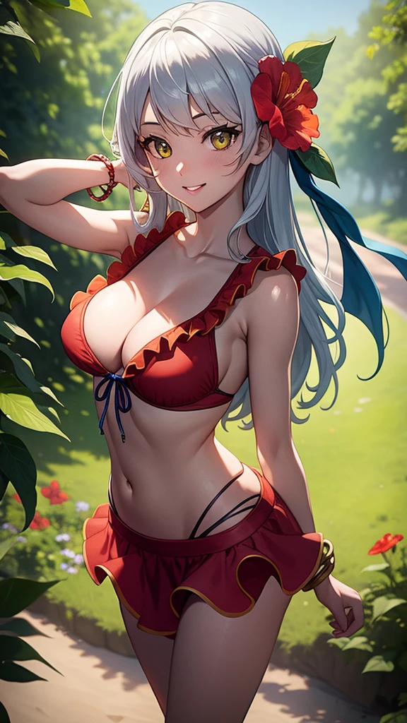 masterpiece, best quality, 1 solo girl, silver hair, yellow eyes, long hair, medium breasts, sexy body and face, wavy hair, smile, parted lips, bikini, red bikini skirt, navel, sandals, cleavage, collarbone, bare shoulders, jewelry, bracelet, blue scarf, ribbon, hibiscus, frills, sleeveless, hair flower, toeless footwear, outdoors, summer, sexy pose, cowboy shots, detailed body, face, and eyes, sharp focus, vibrant, creative, dynamic, high definition, high resolution, 8k, (Upscale: R-ESRGAN 4x+ Anime6mage enchance:4x), voluptuous body, cinema lightning, dakimakura style, looking at the viewer,