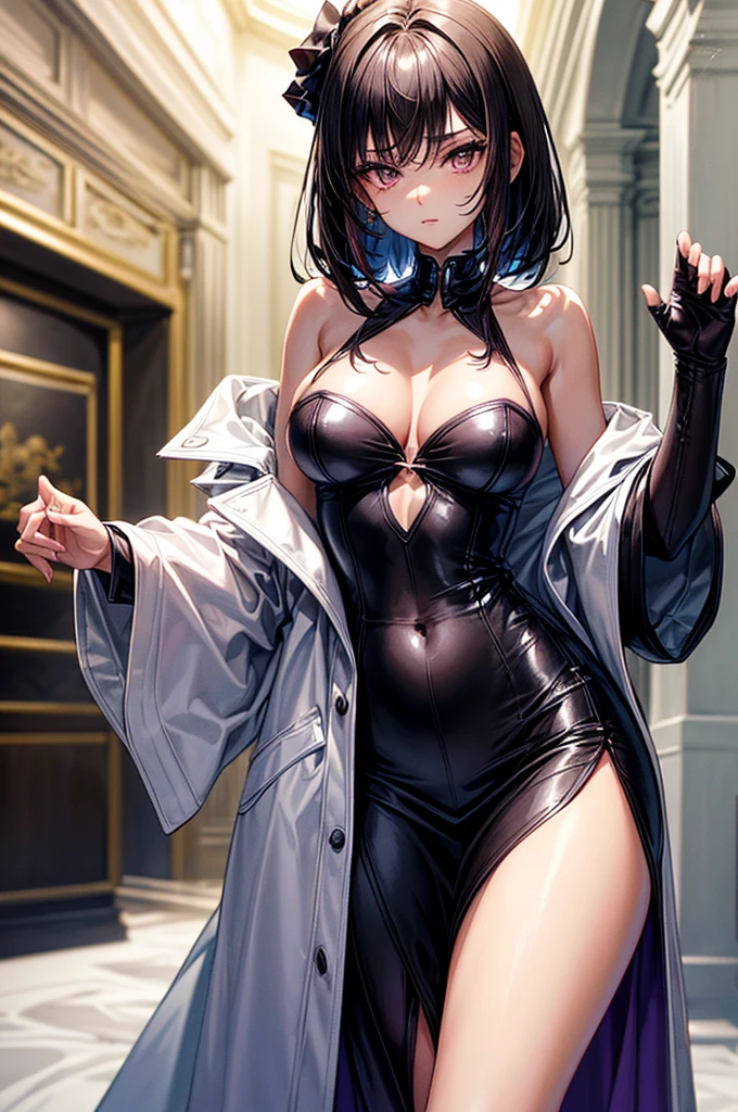 ( wearing a loose, oversized jacket that rests on her knees ),gorgeous, masterpiece, best quality, high-resolution, finely detailed, extremely detailed and beautiful, distinct-image, 1 girl, 16 year old ager, solo, sharp facial features, oval shaped face. cherry pink lips, lightly tanned white skin. velvet-colored eyes, C-cup breasts, tall height(175cm), slim yet chiseled body type, short shoulder length dark violet-black hair, slender waist, long and slender legs, curvy yet slim body, elegant five star hotel setting in modern times, rear view,