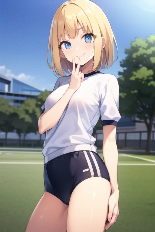 buruma, black buruma, (White short-sleeved gym uniform), School, Ground, sports festival, ((Highest quality)), ((masterpiece)), (detailed), Perfect Face, Perfect Arms, Perfect hands, Perfect Fingers, anime, Ultra-fine illustration, ((1 person)), , ((Put your hand to your mouth)), (Smile:1.3), (Open your mouth:1.3), Blue Eyes, Blonde, ((Very Short Hair)), Bangs, Glamorous figure, Cowboy Shot, Outdoor, 