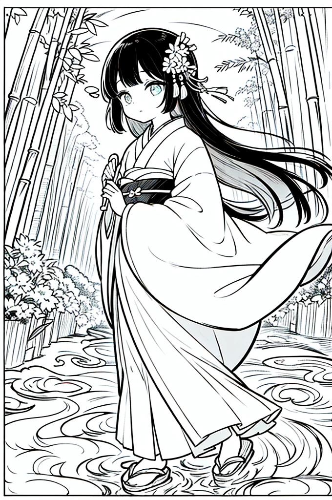 As a coloring book, the color should be black and white, the border should be simple, clear, and bold. A beautiful Asian girl with long, flowing black hair adorned with a delicate [flower hair ornament] is strolling through the picturesque [Arashiyama Bamboo Forest] in Kyoto, Japan. She is wearing a stunning [kimono with cherry blossom pattern], the vibrant colors contrasting with the serene green of the bamboo grove. The girl's expression exudes a sense of peace and tranquility as she immerses herself in the beauty of the natural surroundings.