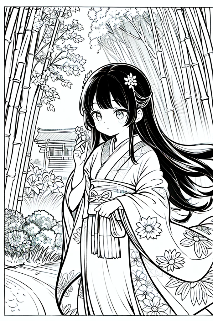 As a coloring book, the color should be black and white, the border should be simple, clear, and bold. A beautiful Asian girl with long, flowing black hair adorned with a delicate [flower hair ornament] is strolling through the picturesque [Arashiyama Bamboo Forest] in Kyoto, Japan. She is wearing a stunning [kimono with cherry blossom pattern], the vibrant colors contrasting with the serene green of the bamboo grove. The girl's expression exudes a sense of peace and tranquility as she immerses herself in the beauty of the natural surroundings.