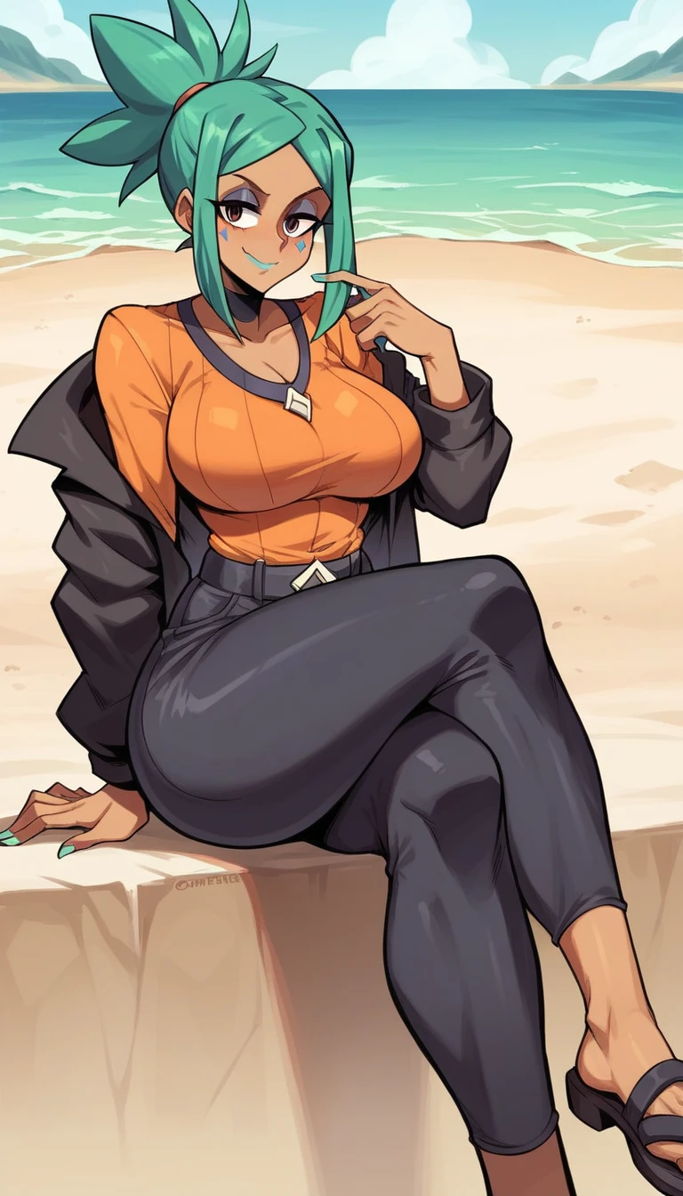 score_9, score_8_up, score_7_up, source_anime, rating_explicit, beautyful woman, cerebella from skullgirls, orange shirt, in beach, no hat, brown skin, cyan hair, ponytail hair, smile, crossed legs. black jacket, black pants, mature woman