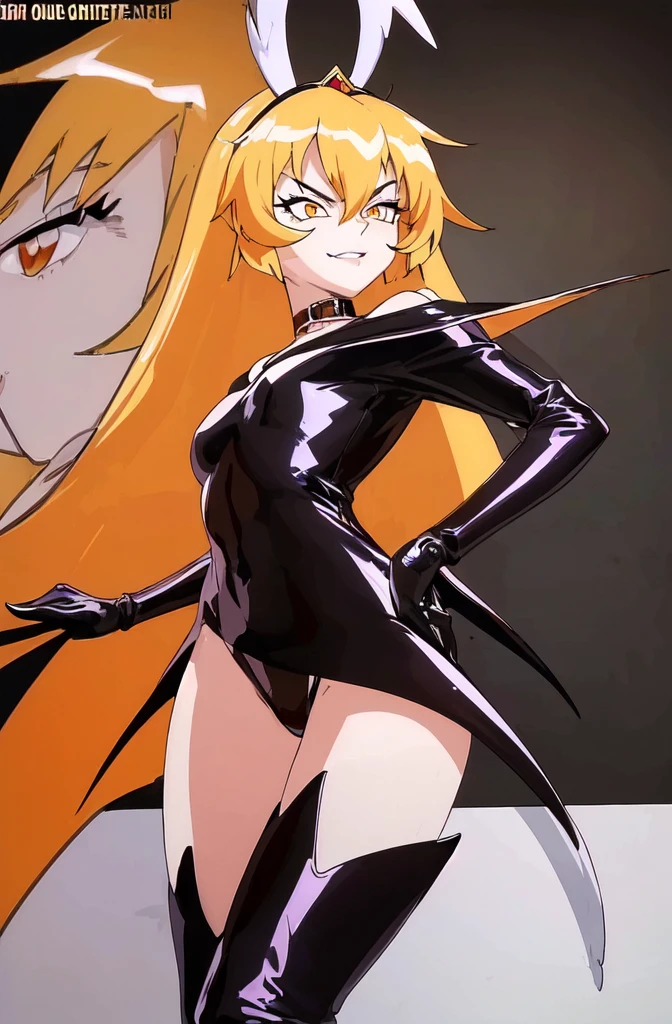 pixy_misa, orange_eyes, blonde_hair, long_hair, headdress,((masterpiece,best quality)),(Highest_quality:1.0), 超High resolution,4k,Super detailed, photo shoot, 8K, HDR, High resolution,looking down at viewer,evil smirk,latex,thighhigh boots,(illustration:1.3),(extremely detailed:1.3),(highly detailed:1.2),(best quality:1.2),(masterpiece:1.2),(extremely detailed 8K wallpaper:1.2),(highres:1.3),(photorealistic:1.1),,A face full of evil,Too evil ridicule,two legs,look down at viewer,,two hands,five fingers,glossy latex,