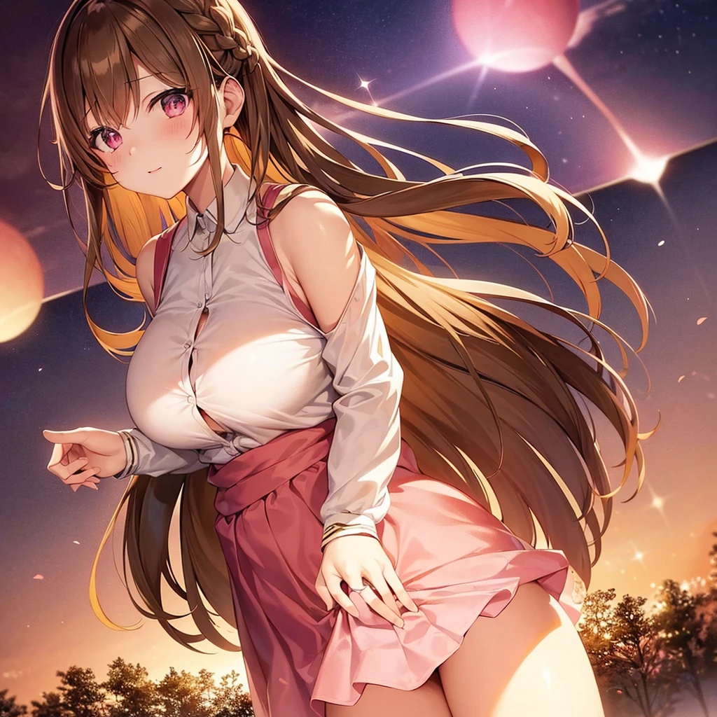 asuna,STAR, crown half up hairstyle,, Perfect female body, woman, happy, large breasts, peach pink pupils, dress shirt, translucent fluttering skirt, brown Clothes, dusk, dusk sky, sunset,Shoulder Off、Big Breasts、Only one woman、Low - Angle
