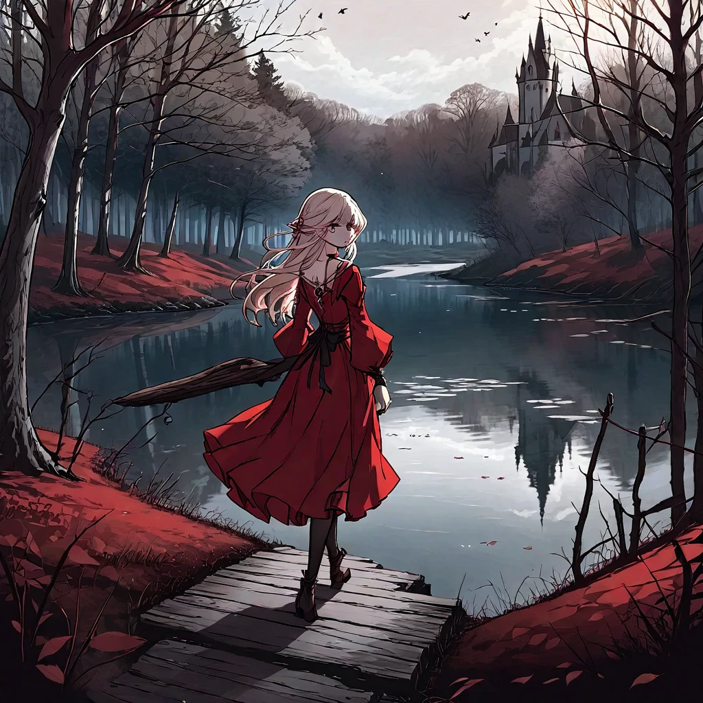 A beautiful young witch，Wearing a red dress（European medieval style，Gothic style），Walking alone in the woods of the park，There is a lake next to it.。Line drawing style，Suspenseful dark style。