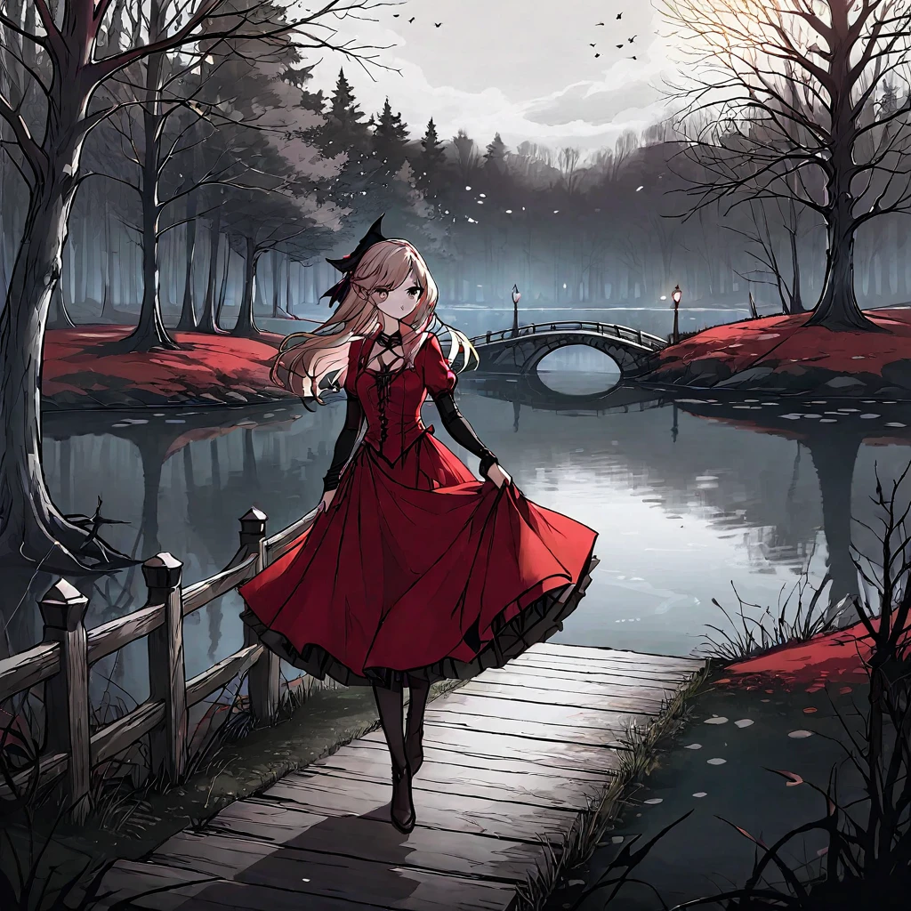 A beautiful young witch，Wearing a red dress（European medieval style，Gothic style），Walking alone in the woods of the park，There is a lake next to it.。Line drawing style，Suspenseful dark style。