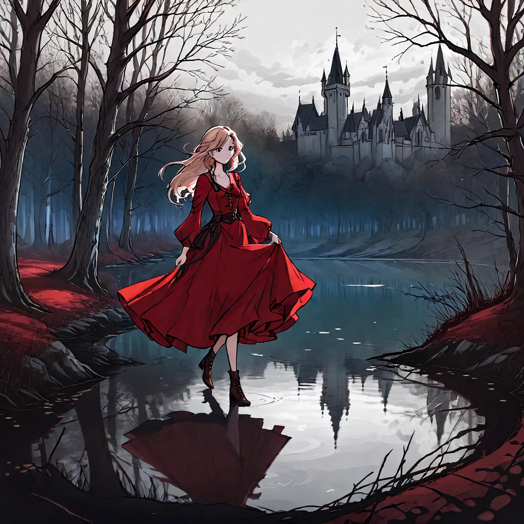 A beautiful young witch，Wearing a red dress（European medieval style，Gothic style），Walking alone in the woods of the park，There is a lake next to it.。Line drawing style，Suspenseful dark style。