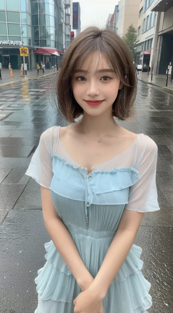 ((Highest quality, 8K, masterpiece:1.3)), concentrated: 1.2, Perfect Body Beauty: 1.4, Hips: 1.2, ((Layered Haircut, chest: 1.2)), (Wet clothes: 1.1), (rain, street:1.3), Bandeau dress: 1.1, Highly detailed face and skin texture, Beautiful Eyes, double eyelid, Whitening skin, Long Hair, (shut up: 1.3), smile