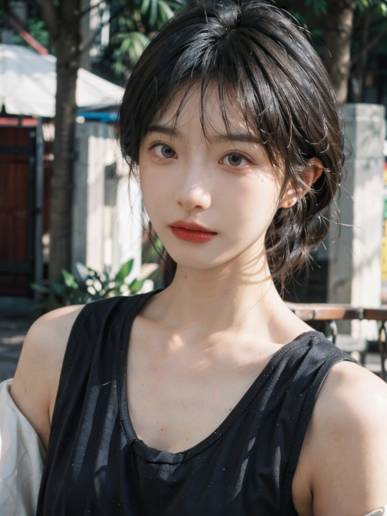 (smooth skin textures:1.3), Lipstick, Upper body，Upper Body，background, earrings, serene, calm, （Dress conservatively：1.6），(Realistic and detailed eyes：1.2）, Natural skin texture, Realistic facial details, Soft dramatic lighting, Vivid details, outdoor, (Photo Practical:1.4), (hyper Practical:1.4), (Practical:1.3), (Improve lighting quality:0.9), (Highest quality real skin textures:1.4), (Enhance the beauty of skin texture:1.1), Hair details, model， short hair, Moles under the eyes, Portrait Photography, Depth of Field, Bokeh, Surrealism, Ray Tracing, (Portrait Photography:1.1), Surrealism, High Detail, Chiaroscuro, Ray Tracing, reflected light, Ultra HD, Ultra HD, masterpiece, Textured Skin, Super Detail, High Detail, high quality, best quality