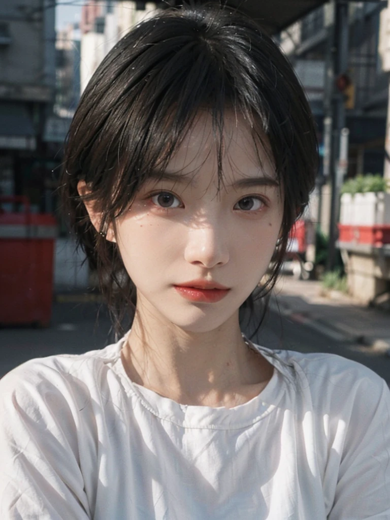 (smooth skin textures:1.3), Lipstick, Upper body,Upper Body,background, earrings, serene, calm, (Dress conservatively:1.6),(Realistic and detailed eyes:1.2), Natural skin texture, Realistic facial details, Soft dramatic lighting, Vivid details, outdoor, (Photo Practical:1.4), (hyper Practical:1.4), (Practical:1.3), (Improve lighting quality:0.9), (Highest quality real skin textures:1.4), (Enhance the beauty of skin texture:1.1), Hair details, model, short hair, Moles under the eyes, Portrait Photography, Depth of Field, Bokeh, Surrealism, Ray Tracing, (Portrait Photography:1.1), Surrealism, High Detail, Chiaroscuro, Ray Tracing, reflected light, Ultra HD, Ultra HD, masterpiece, Textured Skin, Super Detail, High Detail, high quality, best quality