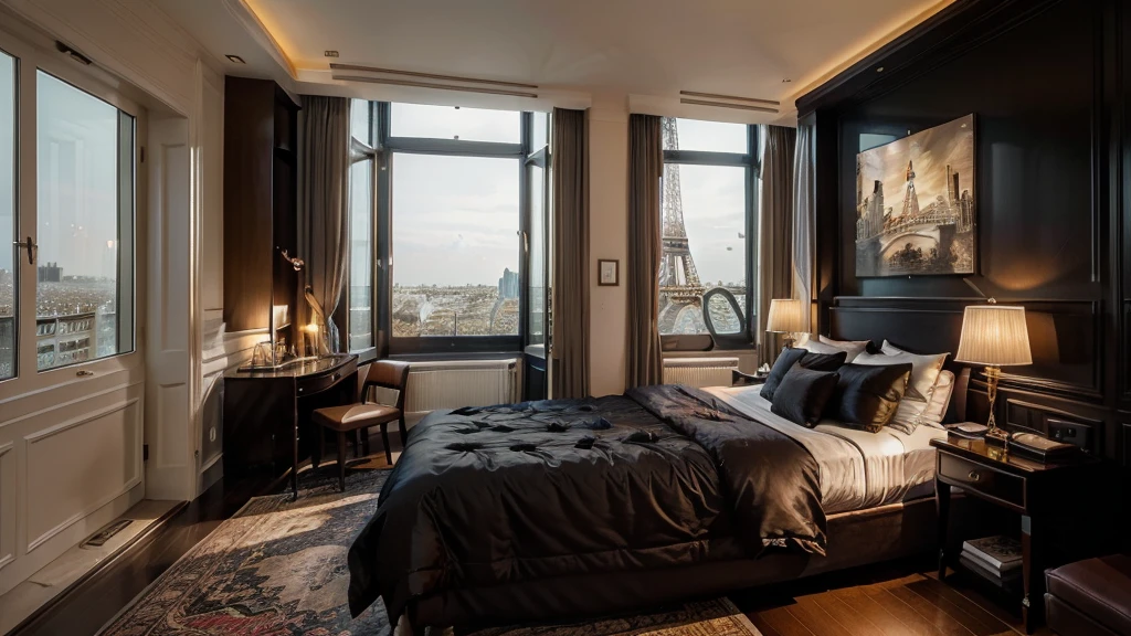 a view of a modern bed room with candle and a book shelf, neo-romanticism, maximalism, by Raymond Han, luxury hotel  calm, floor to ceiling window, picture of an interior loft, living room vibe, large windows eiffel tower at starly night