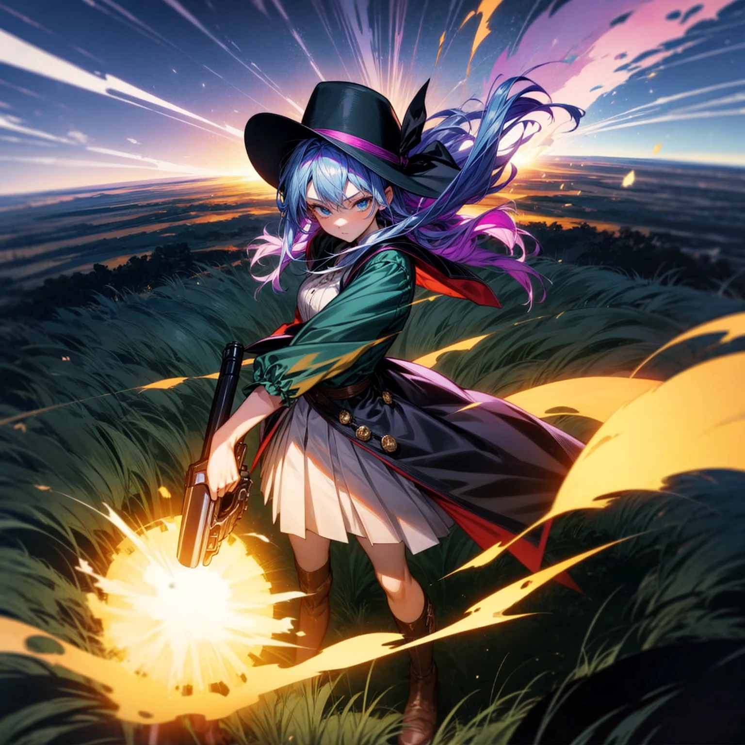 1girl, Full body version, 1character, adult version, blue eyes color, long haircut, purple colour hair, medieval style clothing, cowboy hat, revolver in hand, Grassroots, background in green field, motion blur, plasma effect, lighting revolver, fire revolver, fire, smoke revolver, smoke effect, aura effect, lighting, (Hunter x Hunter style), standing gesture, high angle view