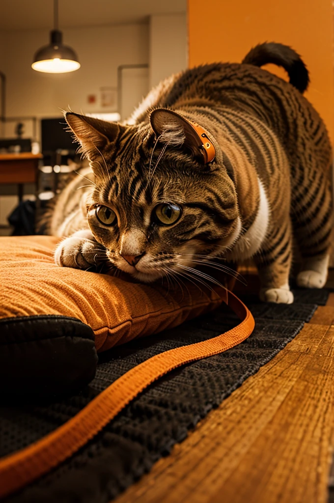 Cat orange with headset play game on ponsel