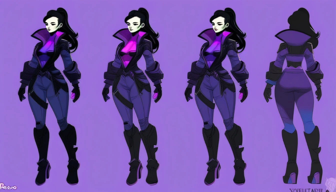 a girl in a purple outfit and black boots, sombra from overwatch, violet and black, roxo e preto, fullbody commission for, concept art style, roxo e preto clothes, a little purple and blue, black and purple, cyberpunk outfit, anime style character, oc commission, Overwatch Widow