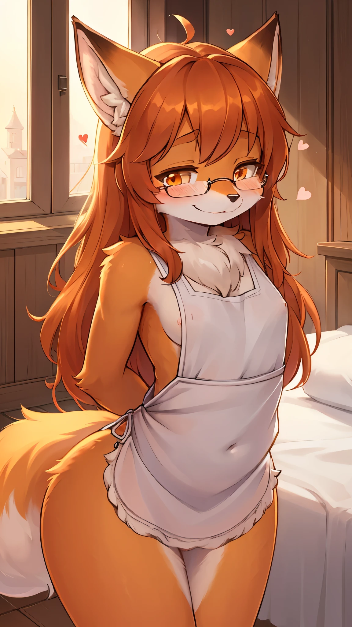 best quality,best resolution,(fluffy anthro furry :1.6),(young :1.6),fox girl,orange hair, long hair,orange eyes,wavy hair,small breasts,orange fur,glasses,white naked apron,luxury bedroom,romantic light,looking at viewer,shy face,heart eyes,heart expression eyes,smile,closed eyes,lean forward