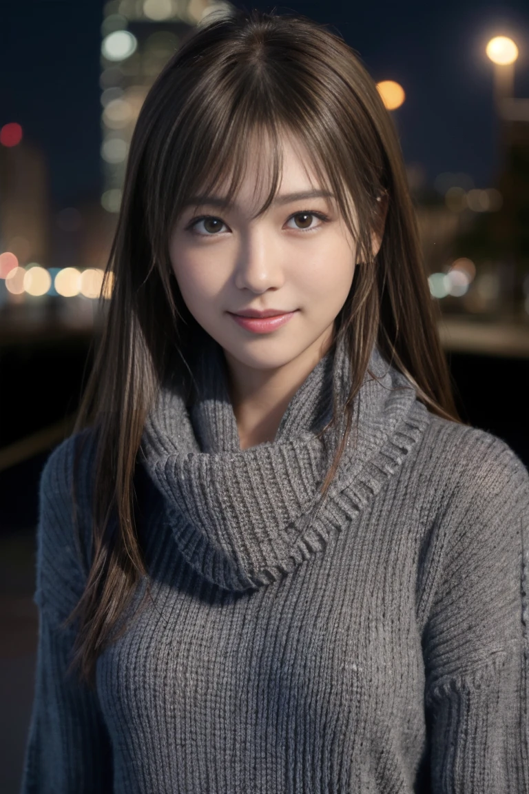 1 Japanese girl,(Dark Gray Sweater:1.4),(He has a big scarf around his neck:1.2), (RAW Photos, Highest quality), (Realistic, Realistic:1.4), Tabletop, Very delicate and beautiful, Very detailed, 8k wallpaper, wonderful, In detail, Very detailedCG Unity, High resolution, Soft Light, A beautiful and smart 19-year-old girl, Very detailed目と顔, Beautiful and detailed nose, Beautiful attention to detail,Cinema Lighting,City lights at night,Perfect Anatomy,Slender body,smile  (My hair is messy, Asymmetrical bangs, Light brown hair,)