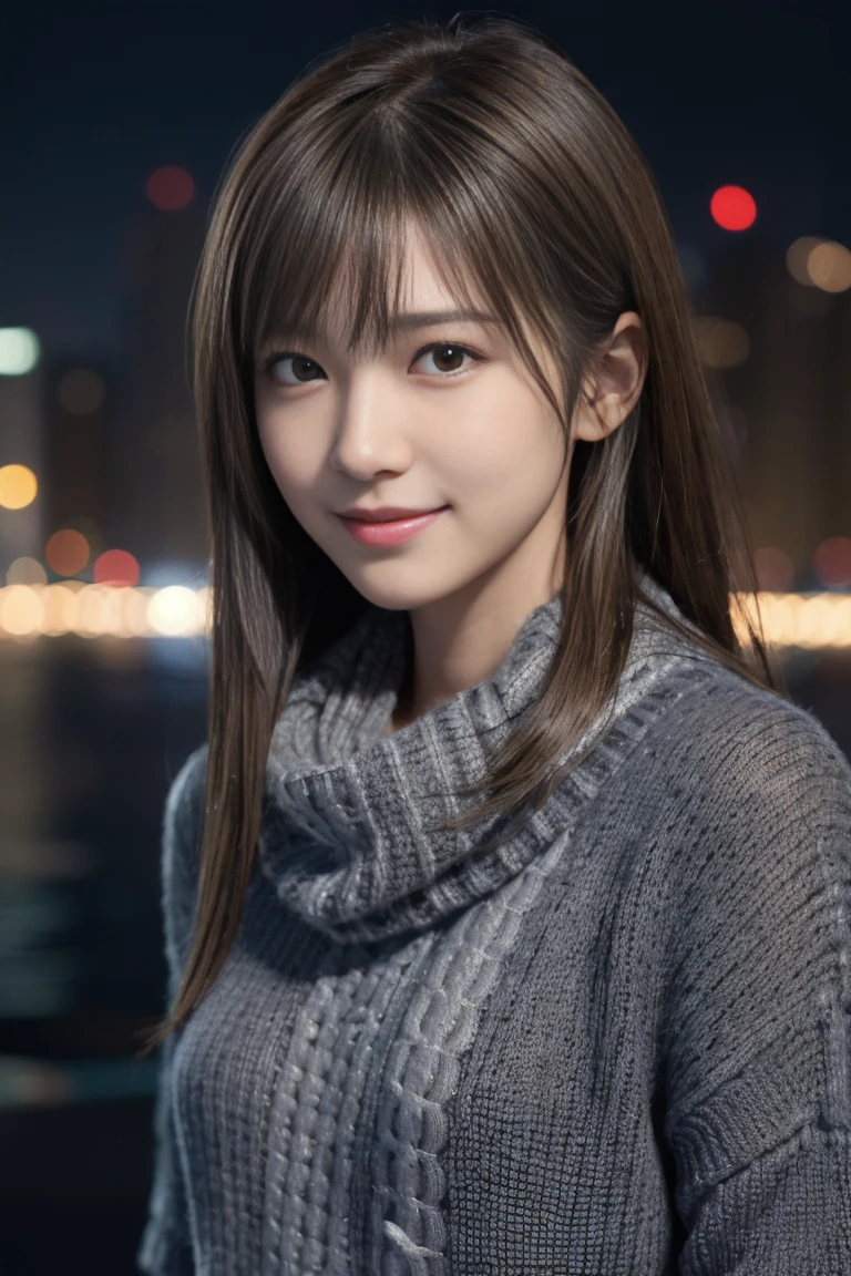 1 Japanese girl,(Dark Gray Sweater:1.4),(He has a big scarf around his neck:1.2), (RAW Photos, Highest quality), (Realistic, Realistic:1.4), Tabletop, Very delicate and beautiful, Very detailed, 8k wallpaper, wonderful, In detail, Very detailedCG Unity, High resolution, Soft Light, A beautiful and smart 19-year-old girl, Very detailed目と顔, Beautiful and detailed nose, Beautiful attention to detail,Cinema Lighting,City lights at night,Perfect Anatomy,Slender body,smile (My hair is messy, Asymmetrical bangs, Light brown hair,)