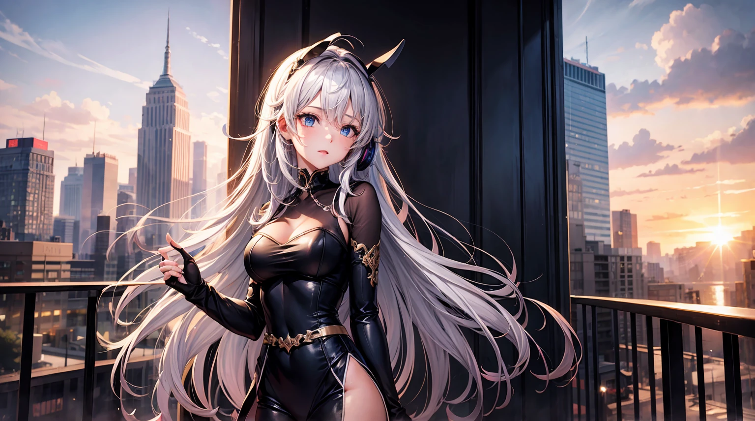 1((masterpiece,best quality,highest quality,illustration,intricate details)),1girl, wearing headphone stands on the rooftop, twilight background show a city skyline, with the top of a tall building jus visible, adding to the serene atmosphere, Anime.