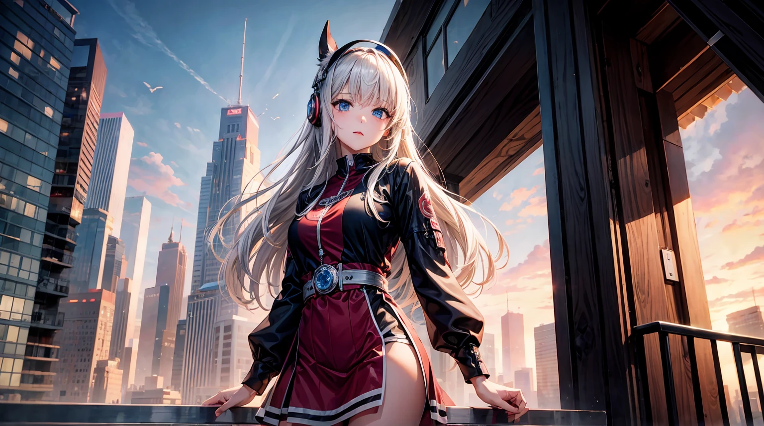 1((masterpiece,best quality,highest quality,illustration,intricate details)),1girl, wearing headphone stands on the rooftop, twilight background show a city skyline, with the top of a tall building jus visible, adding to the serene atmosphere, Anime.