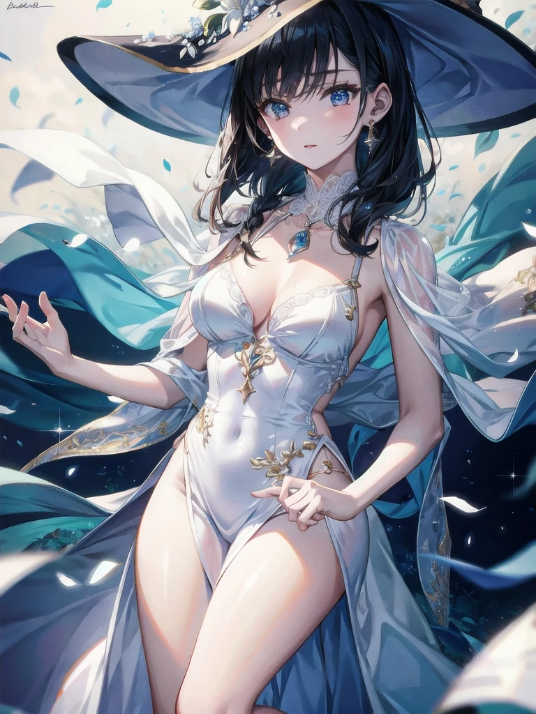 absurdres, RAW photo, extremely delicate and beautiful, masterpiece, Best Quality, ultra high resolution, 32k, hyperrealistic, ultra-detailed, delicate facial features, beautiful detailed woman, tearful mole, earring, medium breasts, full body shot, medium hair, black hair, Witch, mitts, White dress,