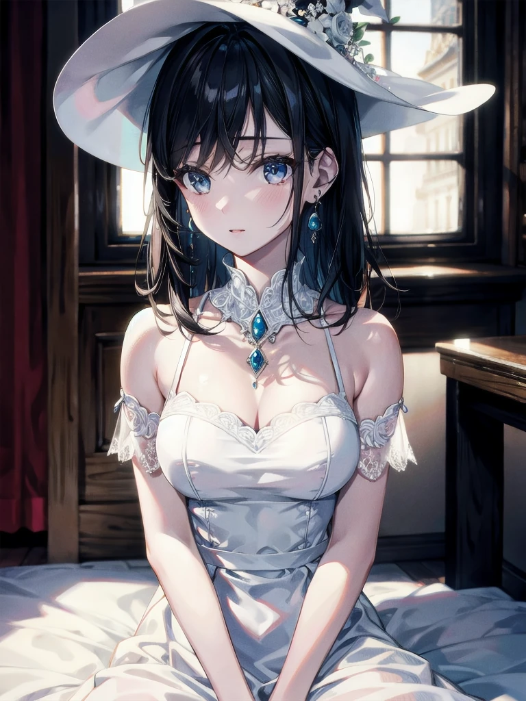 absurdres, RAW photo, extremely delicate and beautiful, masterpiece, Best Quality, ultra high resolution, 32k, hyperrealistic, ultra-detailed, delicate facial features, beautiful detailed woman, tearful mole, earring, medium breasts, full body shot, medium hair, black hair, Witch, mitts, White dress,