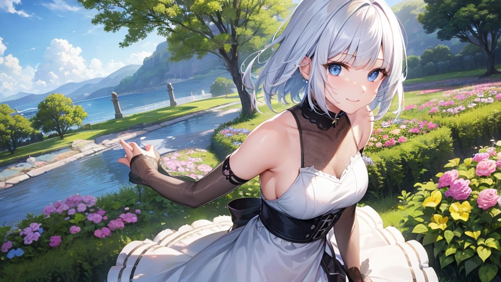Ultra HD,Look at the viewers, Put your hands behind your back, With a girl, 20-year-old, 非常にShort Hair, Long bangs between the eyes, Pale blue eyes, Very detailed,(masterpiece、Highest quality),Gray Hair、Laughter、Fantastic, Silver Hair, Iris, Short hair、 Fluttering Hair、Small Face、明るいsmile、(Detailed face) ,Professional Lighting,Wonderful landscape,blue sky, sunlight,Looking down from above,Portraiture、Open your mouth、Flower Field、Her eyes were shining、Mysterious and enchanting atmosphere。With AI Painting、とてもShort Hair, Long bangs between the eyes, Very detailed,(masterpiece、Highest quality)、alone、Gray Hair、Fantasy, Silver Hair, Fantasyな風景、White shirt、smile、Open your mouth、short hair、Short Hair、hairpin、black eye、Grey Eyes、Beautiful Eyes、