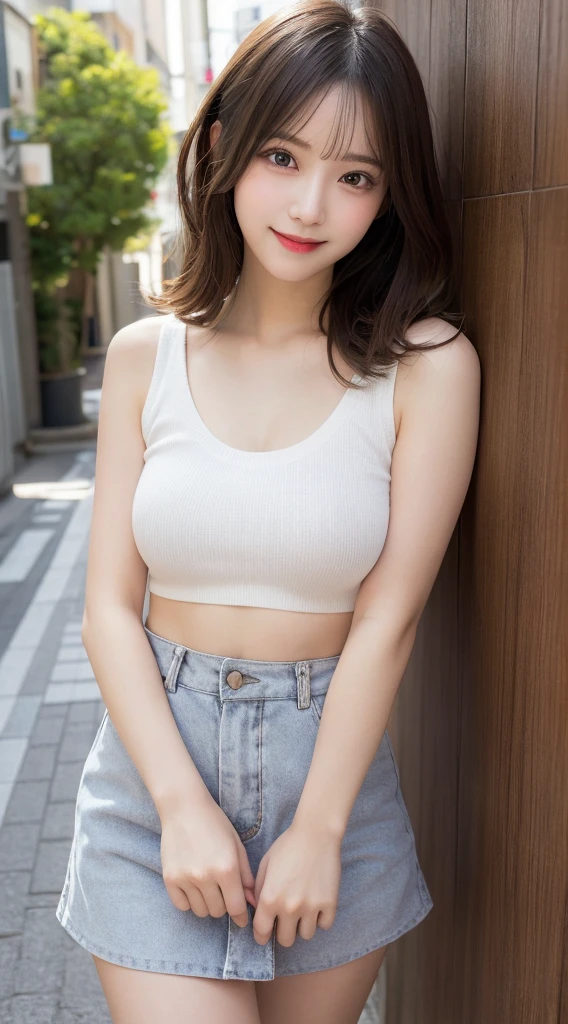 masutepiece, Best Quality, Illustration, Ultra-detailed, finely detail, hight resolution, 8K Wallpaper, Perfect dynamic composition, Beautiful detailed eyes, Women's Fashion Summer,Medium Hair,Small breasts natural color lip, Bold sexy poses,Smile,Harajuku、20 years girl、Cute、Sexy shot looking at camera,beauty legs,wearing miniskirt