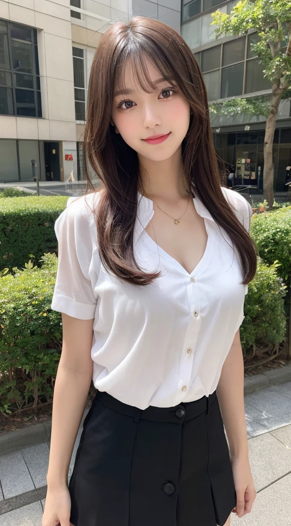 masutepiece, Best Quality, Illustration, Ultra-detailed, finely detail, hight resolution, 8K Wallpaper, Perfect dynamic composition, Beautiful detailed eyes, Women's Fashion Summer,Medium Hair,Small breasts natural color lip, Bold sexy poses,Smile,Harajuku、20 years girl、Cute、Sexy shot looking at camera,beauty legs,wearing miniskirt