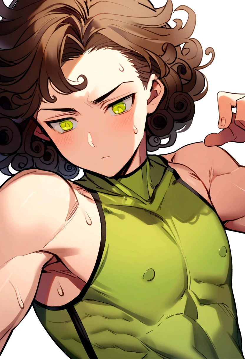 2D A boy , curly hair, green left eyes and brown right eyes , clear skin, exercised body
