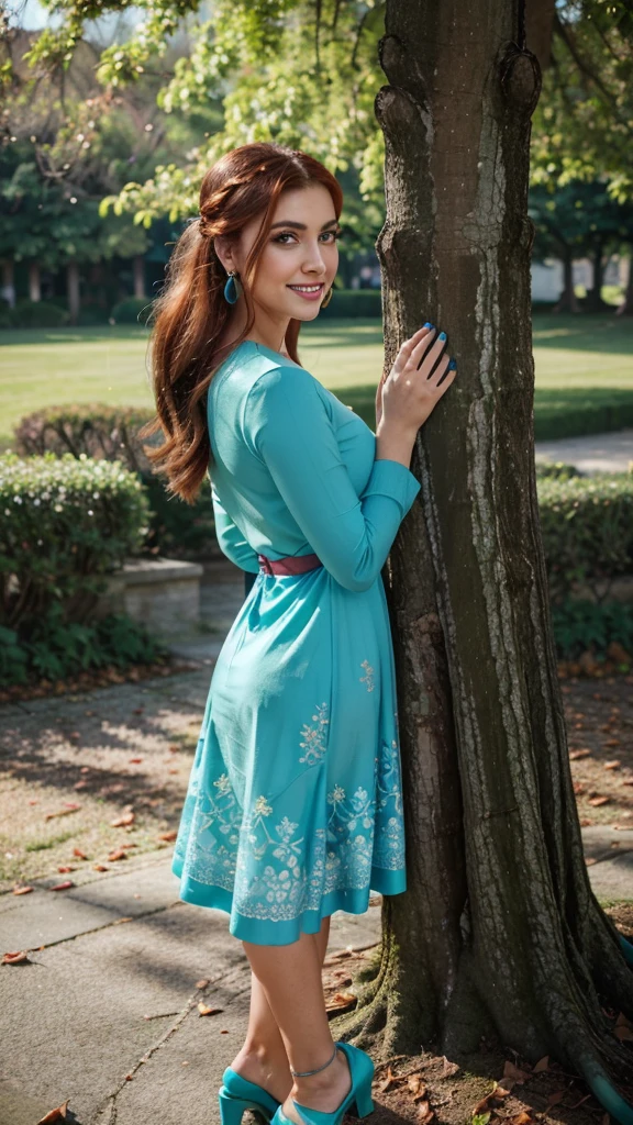 Arafed woman in a green dress with a bouquet of flowers, light blue dress portrait, dressed in blue, with blue-green clothing, blue-green tones, Shades of green and blue, alanis guillen, gorgeous woman, greenish-blue tones, Lady with bright floral dress, Cyan and green, with frozen flowers around them, wonderful and beautiful, great woman, beautiful and smiling, reifrock,she stands by a tree with red leaves,high heels,longeyelashes,Large earrings , Diadem, Updo, bolero lace long sleeve, Red hair,big brown eyes, very nice makeup, blue shimmer eyeshadow