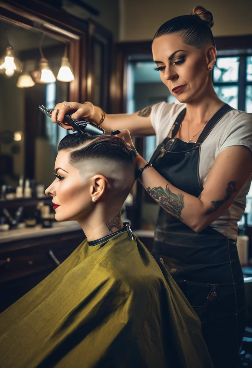 a stunning 35 year old female lady barberette shaving an undercut with a big set of clippers of a beautiful woman with a super short haircut with an medium fade undercut and a side shave, analog style, RAW photo, hyper real photo, ultrarealistic uhd faces, 8k uhd, dslr, soft lighting, high quality, film grain, Fujifilm XT3, photographed on a Plaubel Makina W67 Camera, 50mm lens, F/2. 8, HDR, hyper-realistic, colorgraded, volumetric lighting, shallow depth of field, reflections, absurdres, fashion shot