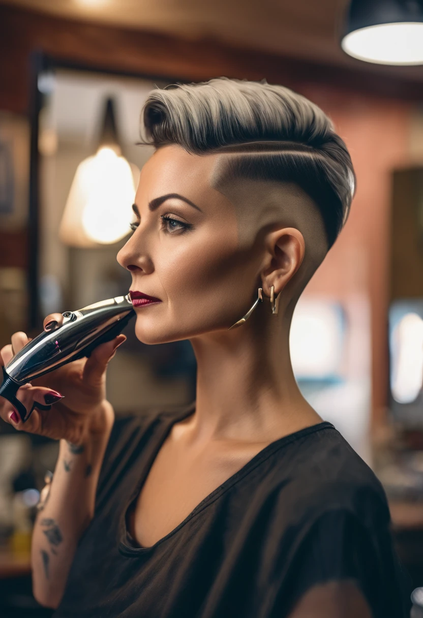 a stunning 35 year old female lady barberette shaving an undercut with a big set of clippers of a beautiful woman with a super short haircut with an medium fade undercut and a side shave, analog style, RAW photo, hyper real photo, ultrarealistic uhd faces, 8k uhd, dslr, soft lighting, high quality, film grain, Fujifilm XT3, photographed on a Plaubel Makina W67 Camera, 50mm lens, F/2. 8, HDR, hyper-realistic, colorgraded, volumetric lighting, shallow depth of field, reflections, absurdres, fashion shot