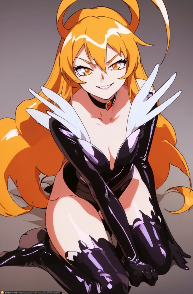 pixy_misa, orange_eyes, blonde_hair, long_hair, headdress,((masterpiece,best quality)),(Highest_quality:1.0), 超High resolution,4k,Super detailed, photo shoot, 8K, HDR, High resolution,looking down at viewer,evil smirk,latex,thighhigh boots,(illustration:1.3),(extremely detailed:1.3),(highly detailed:1.2),(best quality:1.2),(masterpiece:1.2),(extremely detailed 8K wallpaper:1.2),(highres:1.3),(photorealistic:1.1),,A face full of evil,Too evil ridicule,two legs,look down at viewer,,two hands,five fingers,glossy latex,