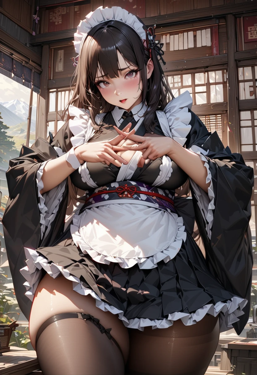 Young beautiful woman,(Highest quality,Extremely detailed depiction,Incredibly absurd high resolution,Anatomically accurate depiction,)(Japanese style maid),A gorgeously patterned kimono,Maid clothes,Maid&#39;s Headband,pantyhose,latex,eyelash,Brightly glowing purple eyes,There is cleavage in the chest,Black Hair,Perfect body,Seductive gestures,background:Japanese-style room at night
