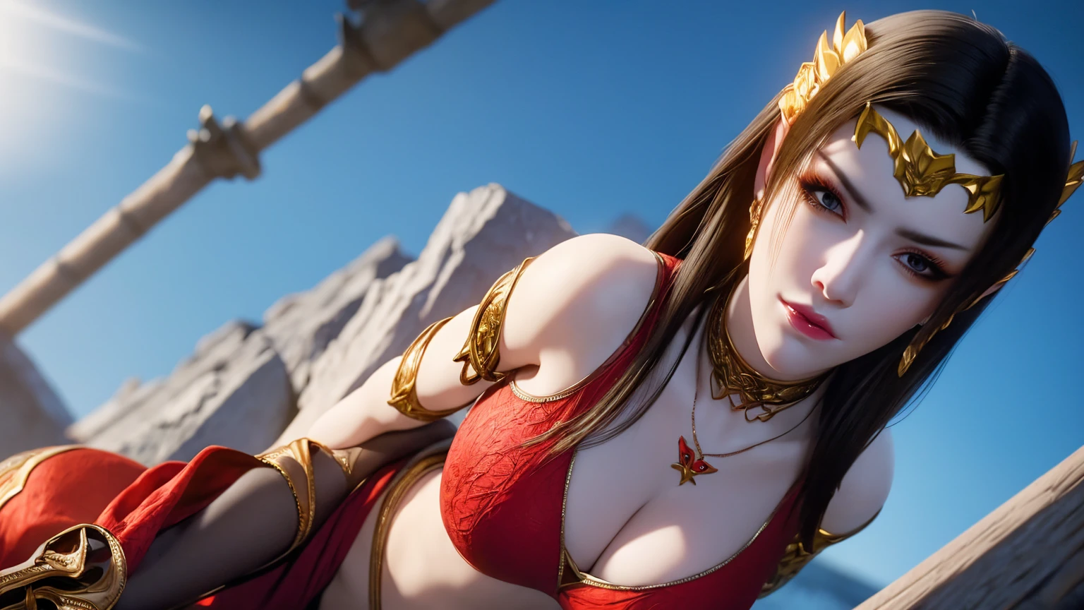 (lifelike, high - resolution:1.3), 1 girl with a perfect body, Super fine face and eyes,slong hair, big boob,Expose cleavage5)), lightning, hyper-realistic graphics, most realistic graphics, 1 girl, alone, solo, Extremely sharp, surreal image.